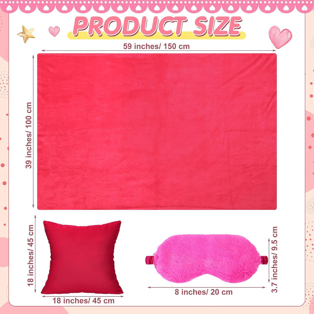 18 Pcs Sleepover Party Supplies Set 6 Pcs Fleece Soft Blankets 6 Pcs Velvet Pillows 6 Pcs Faux Rabbit Fur Sleep Eye Mask Sleeping Stuff Accessories for Slumber Spa Favors(Pink,Rose Red)