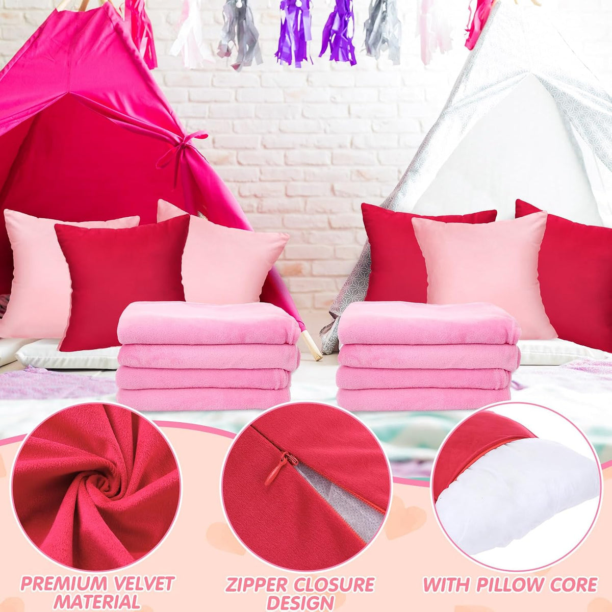 18 Pcs Sleepover Party Supplies Set 6 Pcs Fleece Soft Blankets 6 Pcs Velvet Pillows 6 Pcs Faux Rabbit Fur Sleep Eye Mask Sleeping Stuff Accessories for Slumber Spa Favors(Pink,Rose Red)
