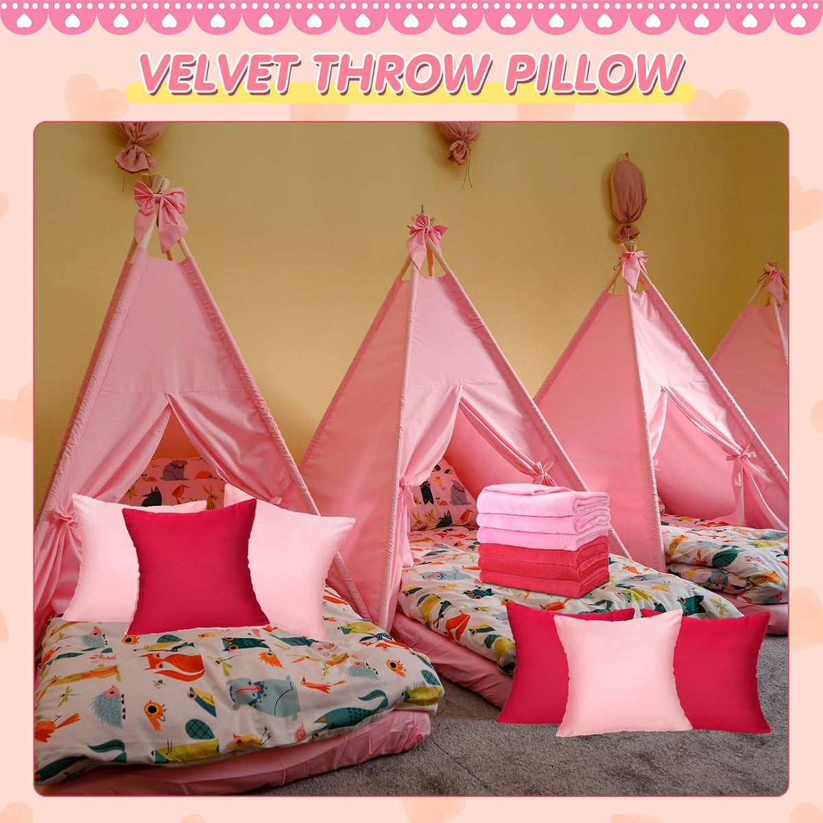 18 Pcs Sleepover Party Supplies Set 6 Pcs Fleece Soft Blankets 6 Pcs Velvet Pillows 6 Pcs Faux Rabbit Fur Sleep Eye Mask Sleeping Stuff Accessories for Slumber Spa Favors(Pink,Rose Red)
