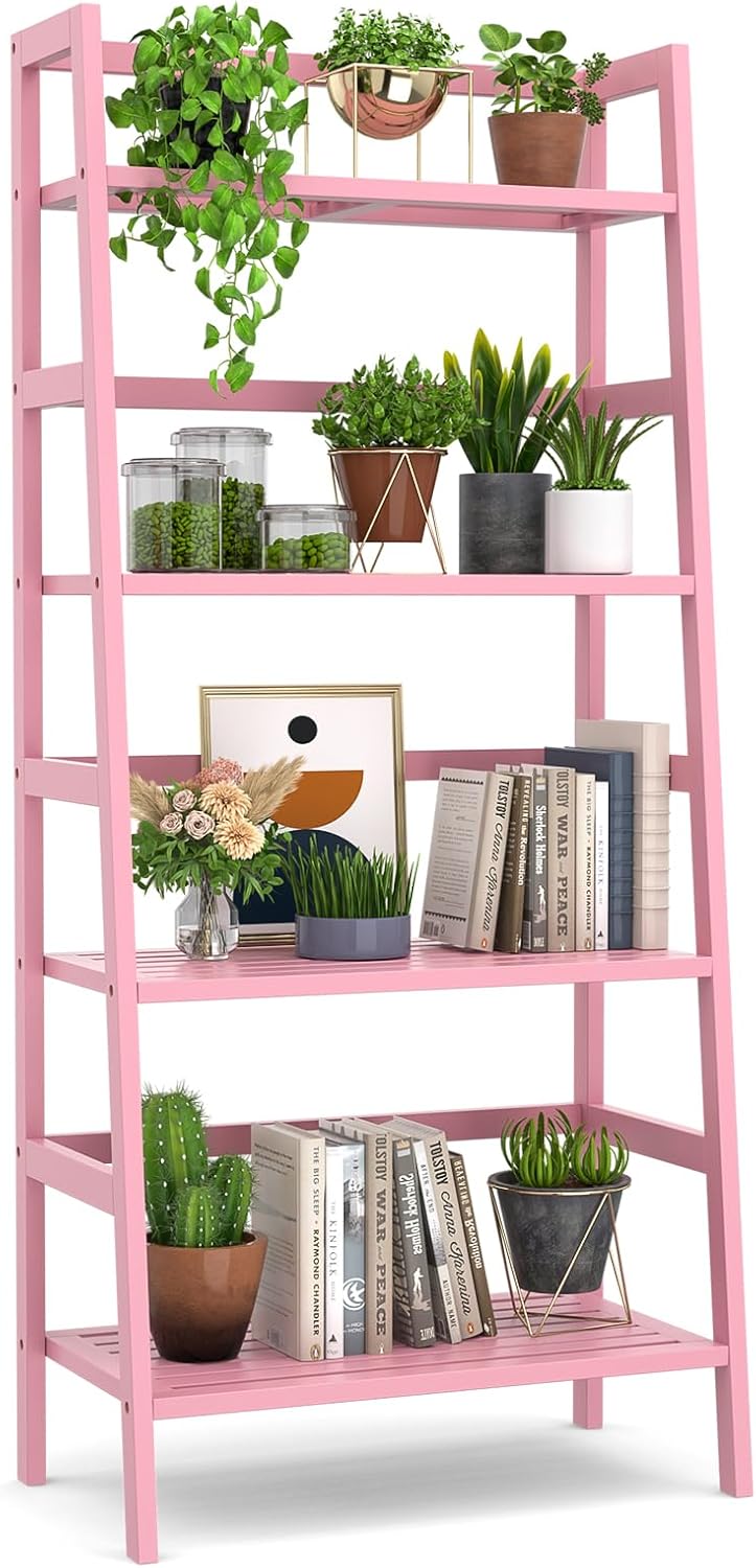 Pink Ladder Shelf, 4-Tier Bamboo Bookshelf & Bookcase Organizer
