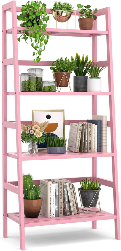 Pink Ladder Shelf, 4-Tier Bamboo Bookshelf & Bookcase Organizer