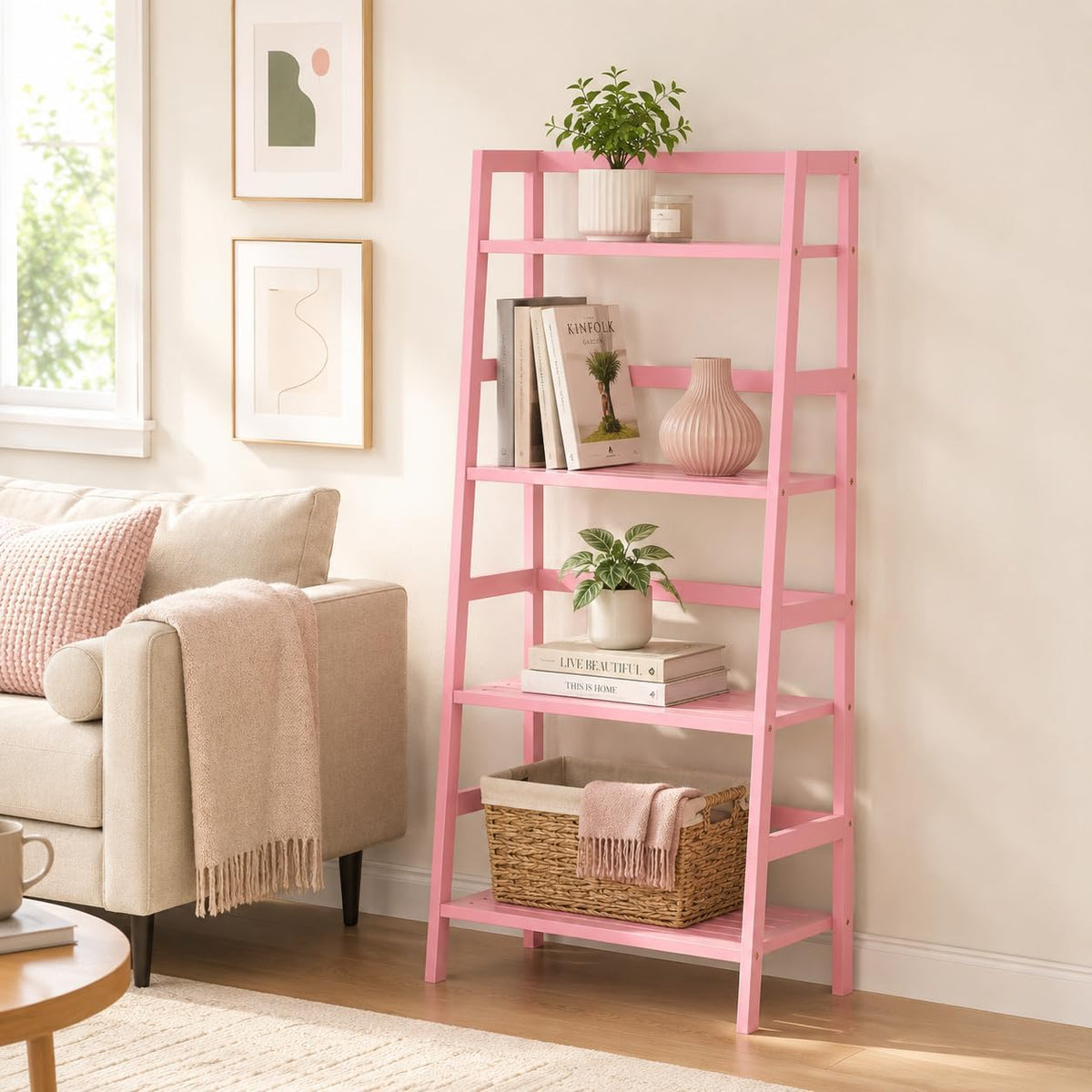 Pink Ladder Shelf, 4-Tier Bamboo Bookshelf & Bookcase Organizer