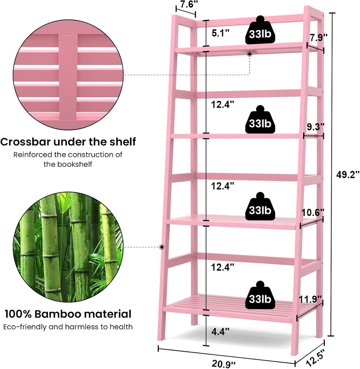 Pink Ladder Shelf, 4-Tier Bamboo Bookshelf & Bookcase Organizer