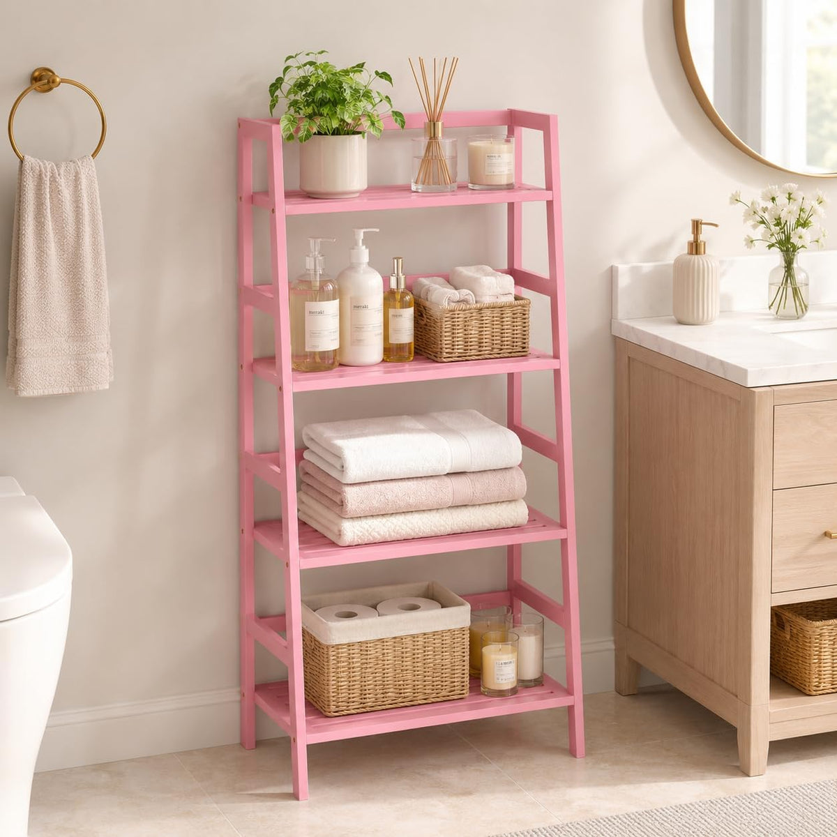 Pink Ladder Shelf, 4-Tier Bamboo Bookshelf & Bookcase Organizer