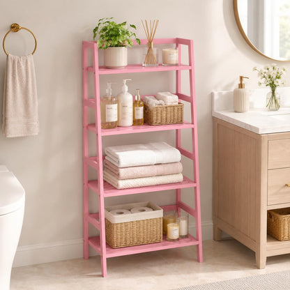 Pink Ladder Shelf, 4-Tier Bamboo Bookshelf & Bookcase Organizer