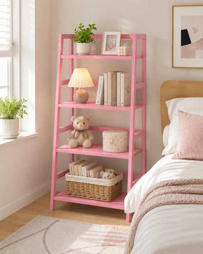 Pink Ladder Shelf, 4-Tier Bamboo Bookshelf & Bookcase Organizer