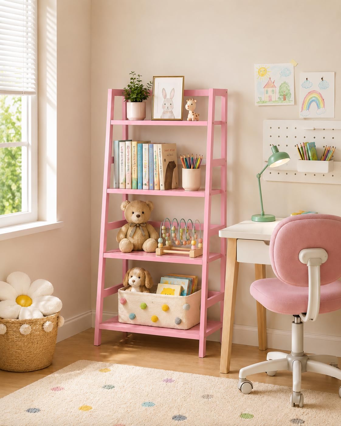 Pink Ladder Shelf, 4-Tier Bamboo Bookshelf & Bookcase Organizer