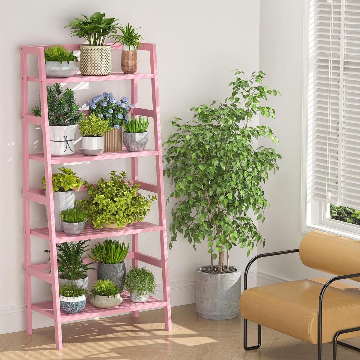 Pink Ladder Shelf, 4-Tier Bamboo Bookshelf & Bookcase Organizer