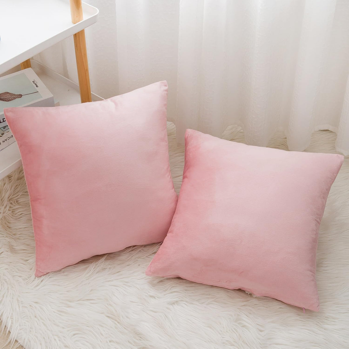 Velvet Decorative Throw Pillow Covers, Soft Square Cushion Case Home Decor for Living Room Couch Bed Sofa, Set of 2 Pack, Pink, 18x18 Inch