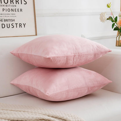 Velvet Decorative Throw Pillow Covers, Soft Square Cushion Case Home Decor for Living Room Couch Bed Sofa, Set of 2 Pack, Pink, 18x18 Inch
