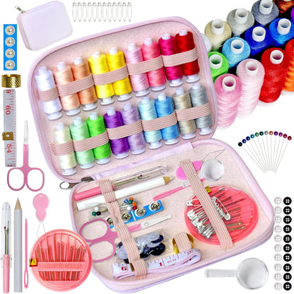 Sewing Kit with Case Portable Sewing Supplies for Home Traveler, Adults, Beginner, Emergency, Contains 18 Sewing Thread, Scissors, Needles, Measure etc (Pink)