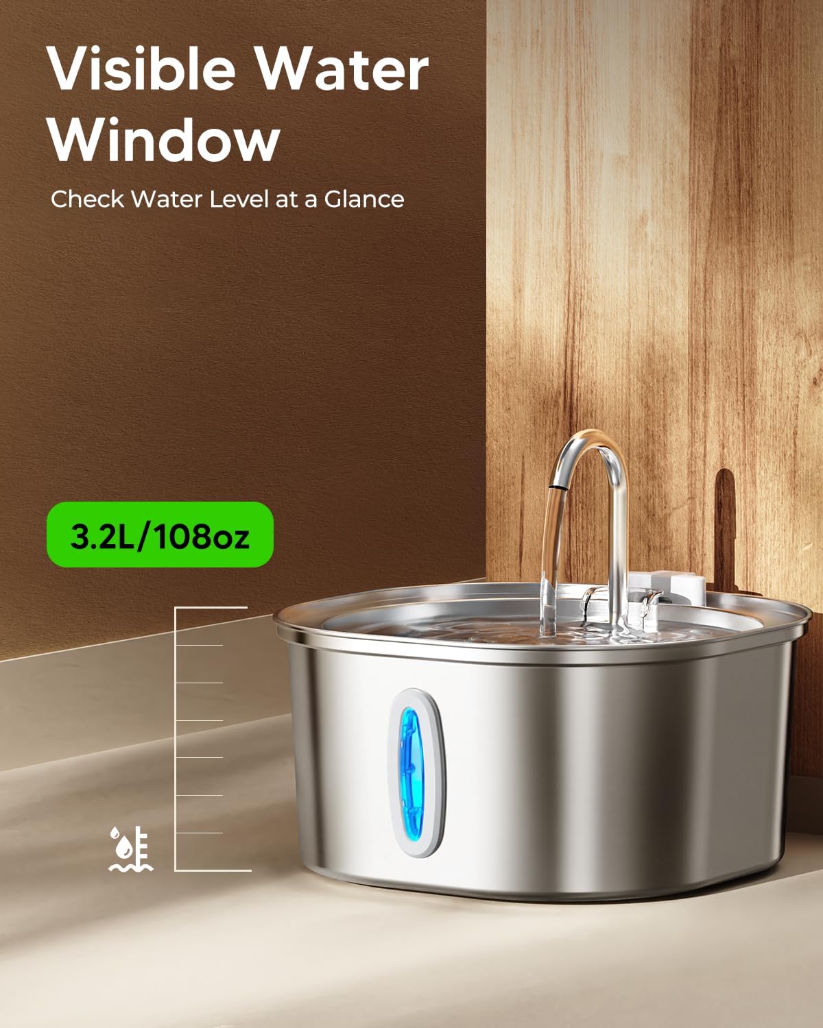 PEKTACO Cat Water Fountain, 3.2L/108oz Stainless Steel Pet Water Fountain | Cat drinking fountain, dishwasher safe, with triple filtration, quiet pump, and visible water window for cats and small pets