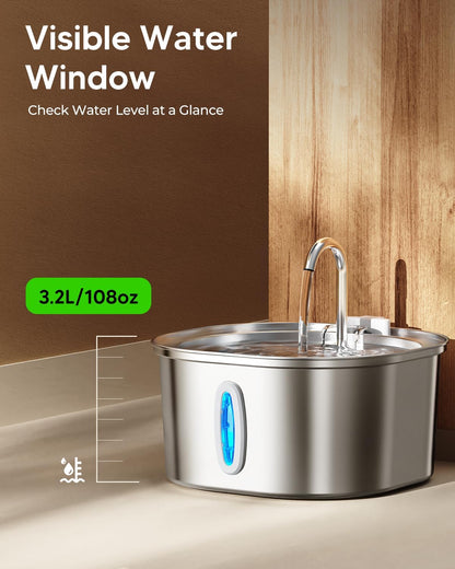 PEKTACO Cat Water Fountain, 3.2L/108oz Stainless Steel Pet Water Fountain | Cat drinking fountain, dishwasher safe, with triple filtration, quiet pump, and visible water window for cats and small pets
