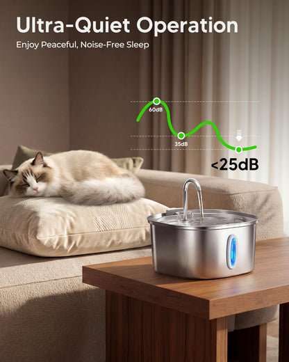 PEKTACO Cat Water Fountain, 3.2L/108oz Stainless Steel Pet Water Fountain | Cat drinking fountain, dishwasher safe, with triple filtration, quiet pump, and visible water window for cats and small pets