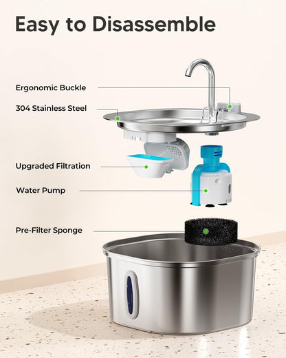PEKTACO Cat Water Fountain, 3.2L/108oz Stainless Steel Pet Water Fountain | Cat drinking fountain, dishwasher safe, with triple filtration, quiet pump, and visible water window for cats and small pets