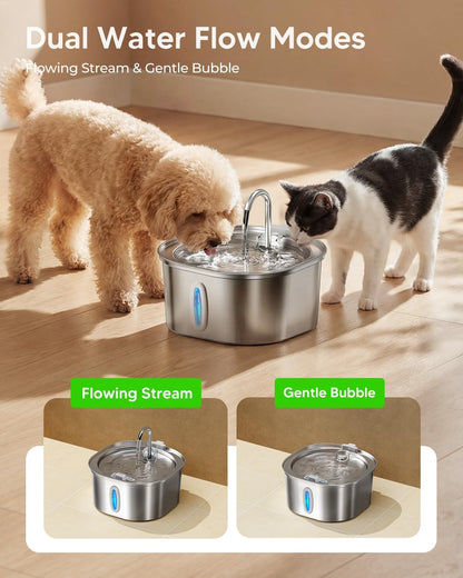 PEKTACO Cat Water Fountain, 3.2L/108oz Stainless Steel Pet Water Fountain | Cat drinking fountain, dishwasher safe, with triple filtration, quiet pump, and visible water window for cats and small pets