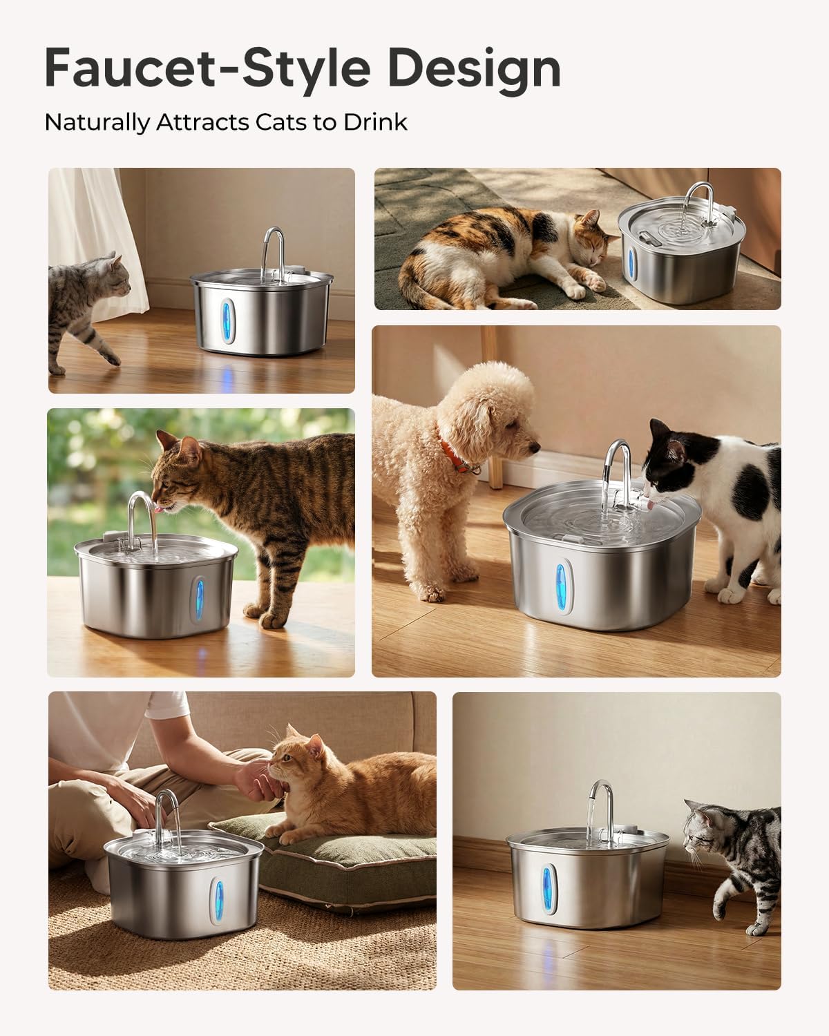 PEKTACO Cat Water Fountain, 3.2L/108oz Stainless Steel Pet Water Fountain | Cat drinking fountain, dishwasher safe, with triple filtration, quiet pump, and visible water window for cats and small pets