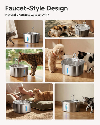 PEKTACO Cat Water Fountain, 3.2L/108oz Stainless Steel Pet Water Fountain | Cat drinking fountain, dishwasher safe, with triple filtration, quiet pump, and visible water window for cats and small pets