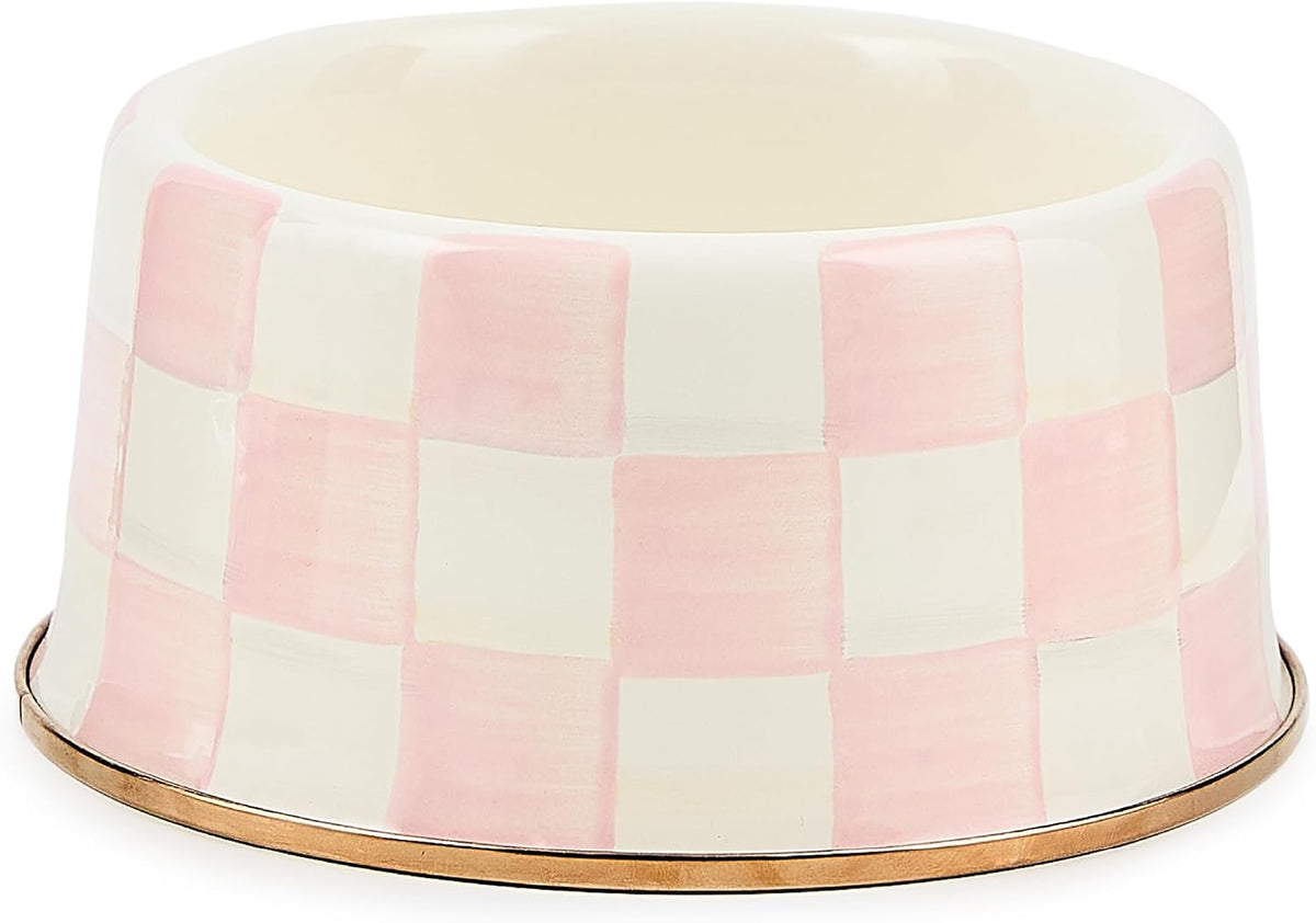 Enamel Pet Dish, Medium, Pink-and-White Rosy Check