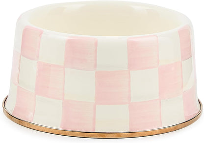 Enamel Pet Dish, Medium, Pink-and-White Rosy Check