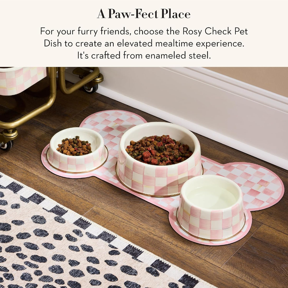 Enamel Pet Dish, Medium, Pink-and-White Rosy Check