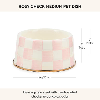 Enamel Pet Dish, Medium, Pink-and-White Rosy Check