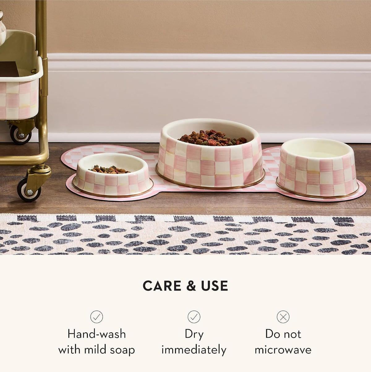 Enamel Pet Dish, Medium, Pink-and-White Rosy Check