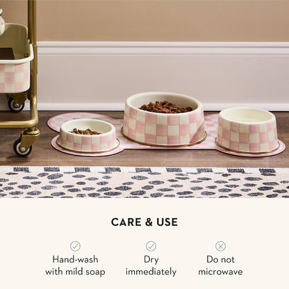 Enamel Pet Dish, Medium, Pink-and-White Rosy Check
