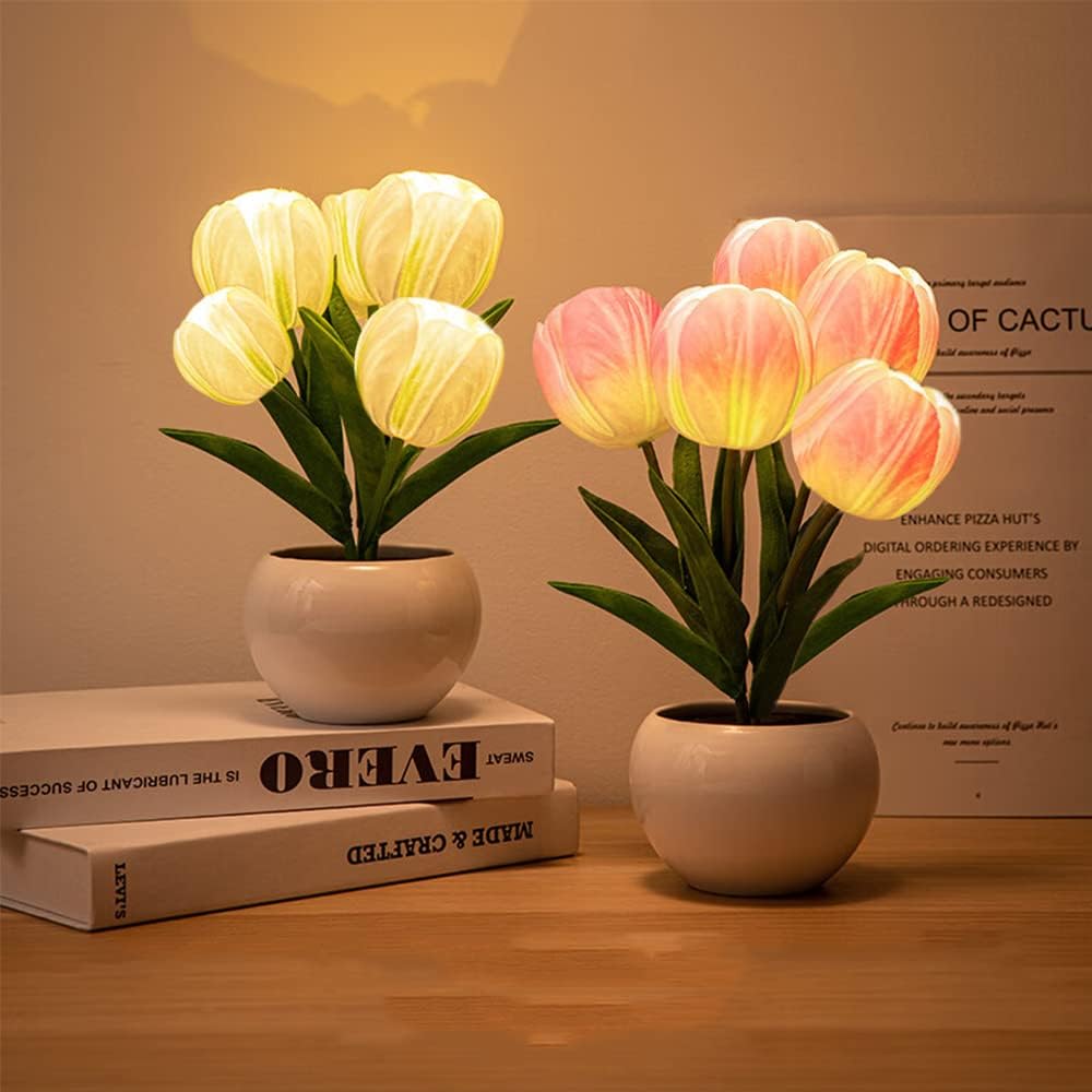 Flower Table Lamp Tulip Desk LED Night Light for Home Living Room Decor Artificial Flower with Vase Table Centerpieces for Birthday Holiday Party Wedding Room Decoration (Pink)…