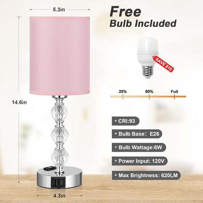 Pink Touch Bedside Lamps for Bedrooms - Crystal Table Lamp with USB C+A Charging Port and AC Outlet Nightstand, 3 Way Dimmable Silver Small End Side Table Lamp for Living/Guest/Dinning Room/Kitchen