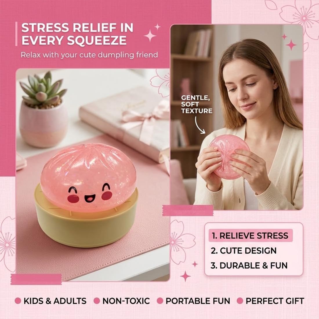Dumpling Squishy Model,Fun and Interactive Squeeze Sensation for Office and Daily Use, With Food Steamer Stretchy Desk Toy (Transparent Pink)