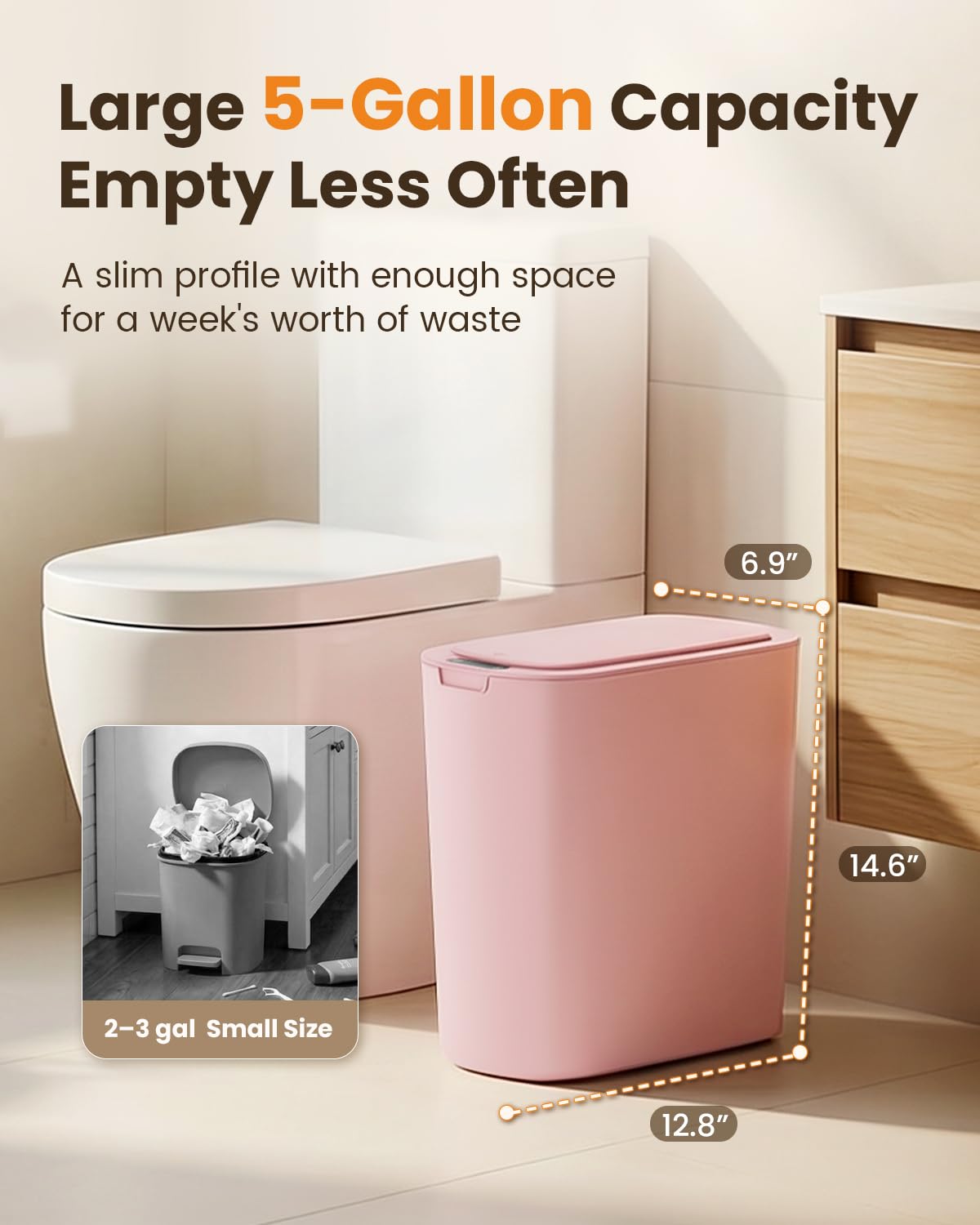 5 Gallon Automatic Bathroom Trash Can with Lid, Pink, Touchless