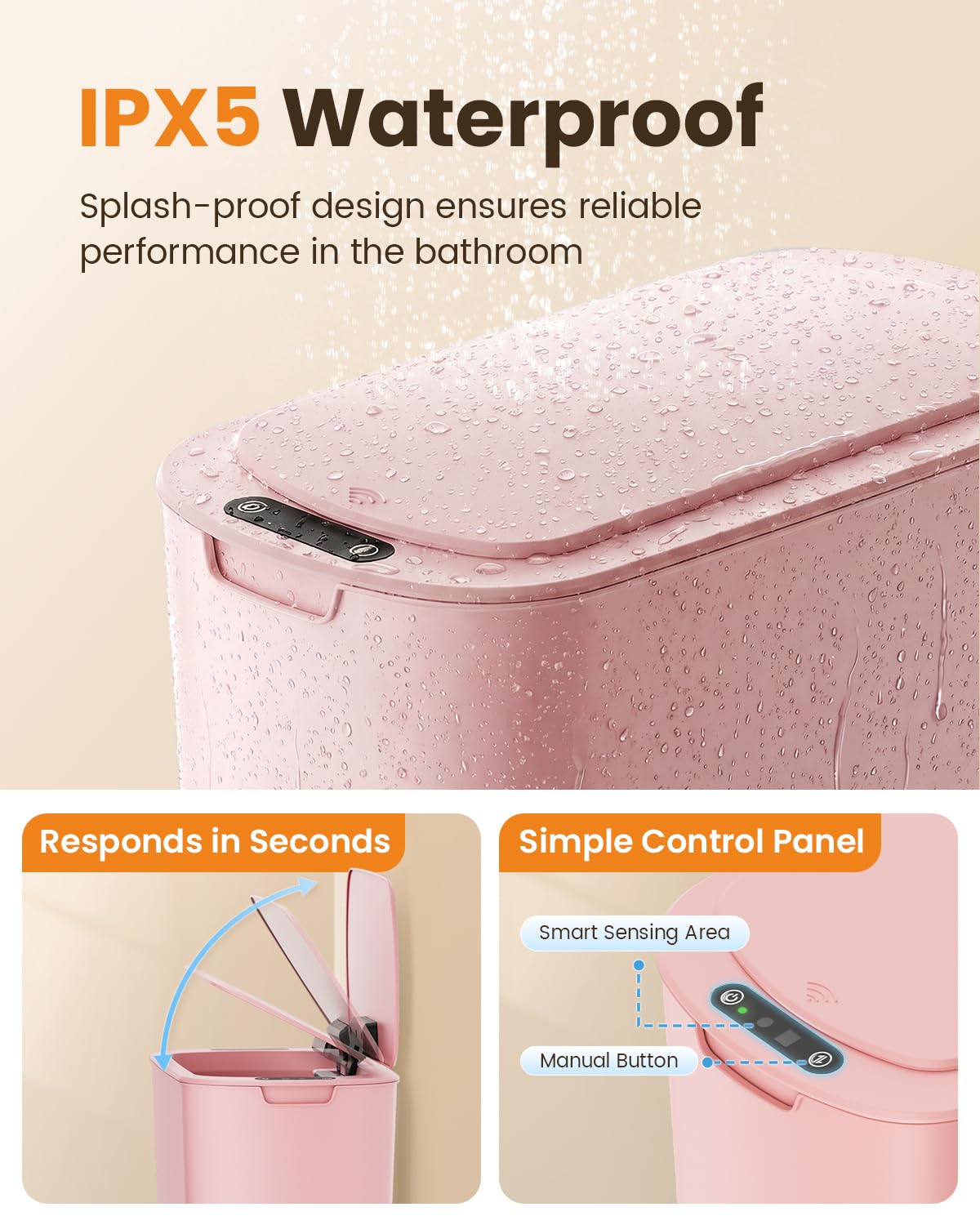 5 Gallon Automatic Bathroom Trash Can with Lid, Pink, Touchless