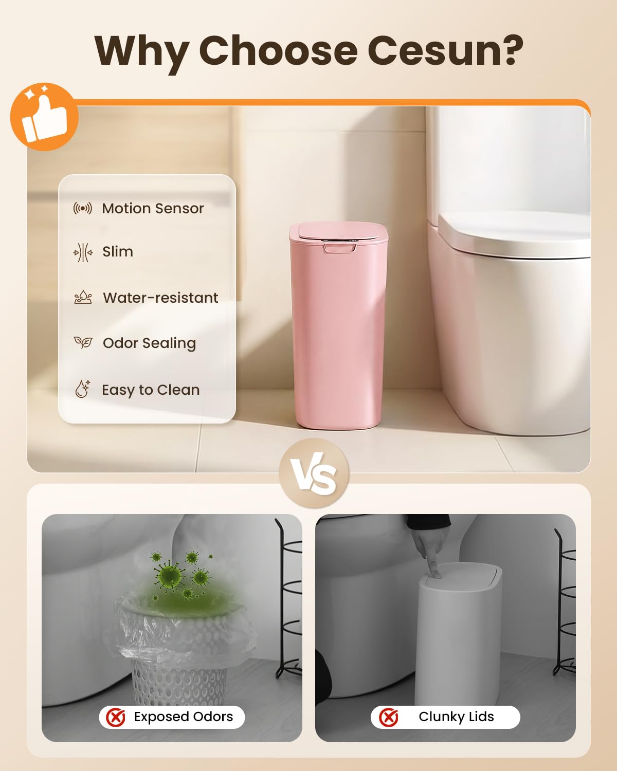 5 Gallon Automatic Bathroom Trash Can with Lid, Pink, Touchless