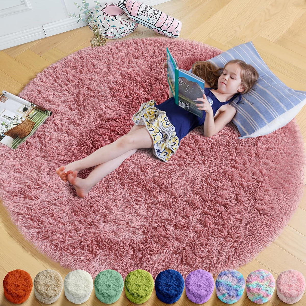 Blush Pink Fluffy Round Circle Rug 4Ft for Girls Bedroom Kids Room