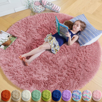 Blush Pink Fluffy Round Circle Rug 4Ft for Girls Bedroom Kids Room