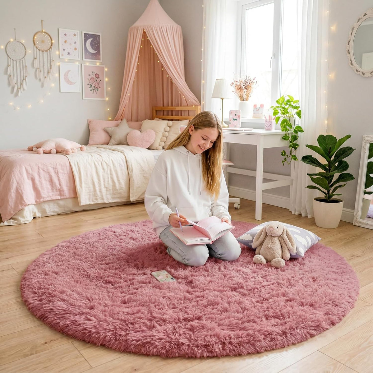 Blush Pink Fluffy Round Circle Rug 4Ft for Girls Bedroom Kids Room