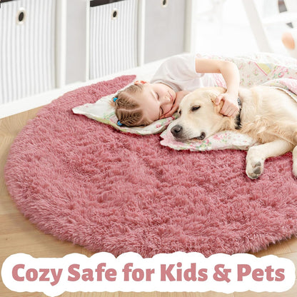 Blush Pink Fluffy Round Circle Rug 4Ft for Girls Bedroom Kids Room
