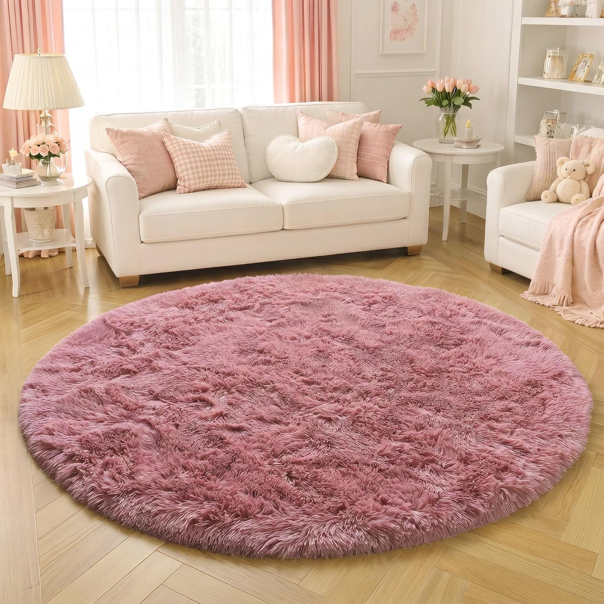 Blush Pink Fluffy Round Circle Rug 4Ft for Girls Bedroom Kids Room