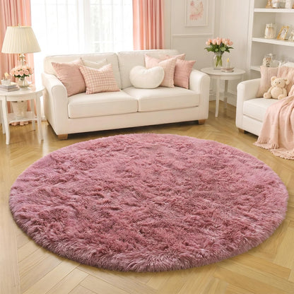 Blush Pink Fluffy Round Circle Rug 4Ft for Girls Bedroom Kids Room