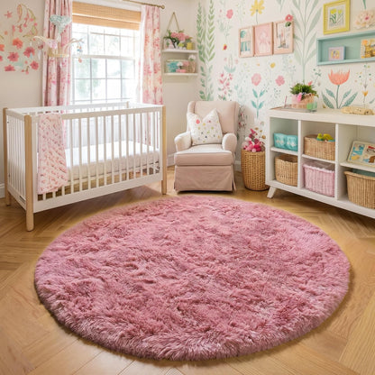 Blush Pink Fluffy Round Circle Rug 4Ft for Girls Bedroom Kids Room