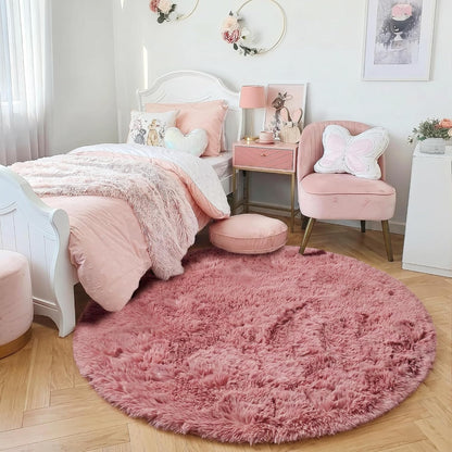 Blush Pink Fluffy Round Circle Rug 4Ft for Girls Bedroom Kids Room