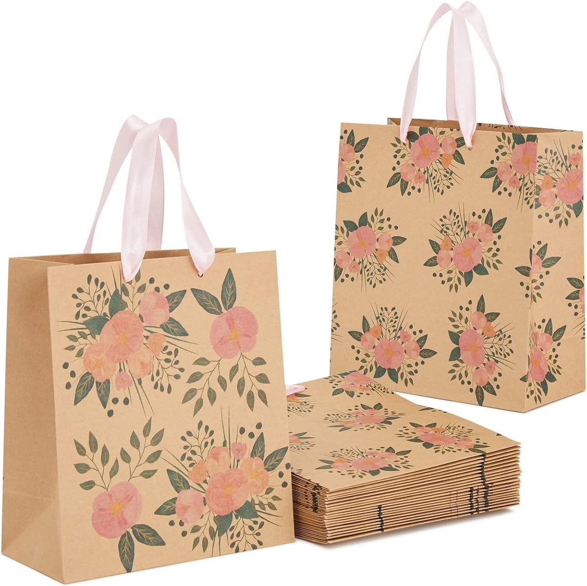 Floral Gift Bags - Reinforced Bottom & Ribbon Handles - Party Favor Bags - 8 x 4 x 9 in, Pack of 24, Pink