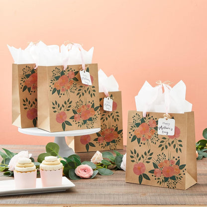 Floral Gift Bags - Reinforced Bottom & Ribbon Handles - Party Favor Bags - 8 x 4 x 9 in, Pack of 24, Pink