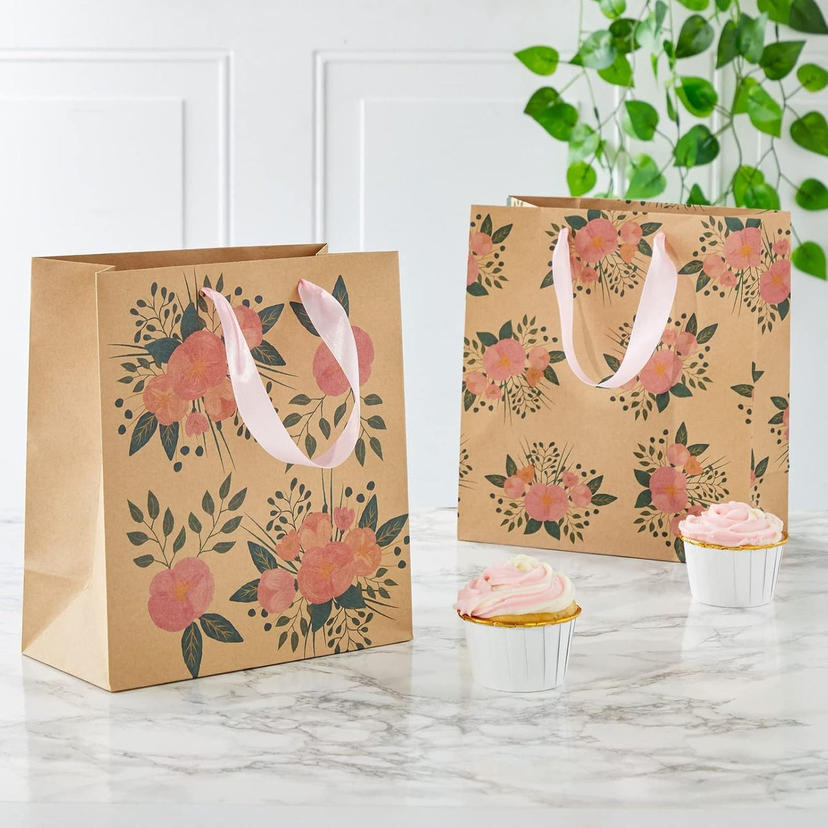 Floral Gift Bags - Reinforced Bottom & Ribbon Handles - Party Favor Bags - 8 x 4 x 9 in, Pack of 24, Pink