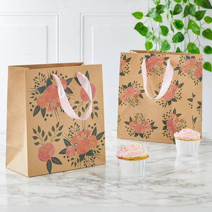 Floral Gift Bags - Reinforced Bottom & Ribbon Handles - Party Favor Bags - 8 x 4 x 9 in, Pack of 24, Pink