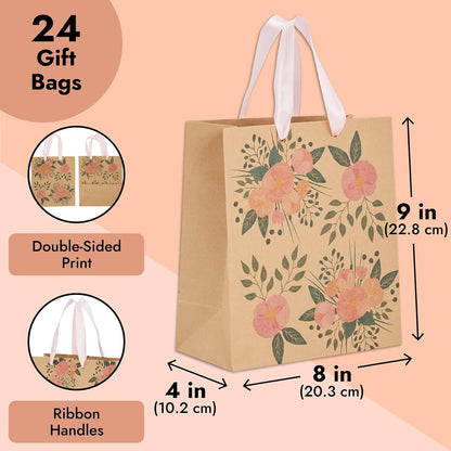 Floral Gift Bags - Reinforced Bottom & Ribbon Handles - Party Favor Bags - 8 x 4 x 9 in, Pack of 24, Pink
