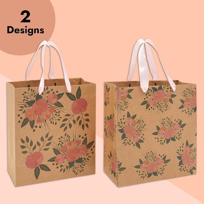Floral Gift Bags - Reinforced Bottom & Ribbon Handles - Party Favor Bags - 8 x 4 x 9 in, Pack of 24, Pink