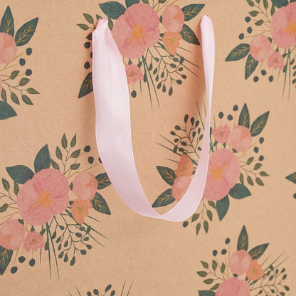 Floral Gift Bags - Reinforced Bottom & Ribbon Handles - Party Favor Bags - 8 x 4 x 9 in, Pack of 24, Pink