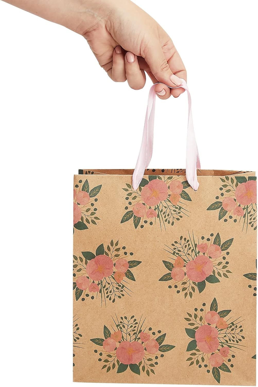 Floral Gift Bags - Reinforced Bottom & Ribbon Handles - Party Favor Bags - 8 x 4 x 9 in, Pack of 24, Pink